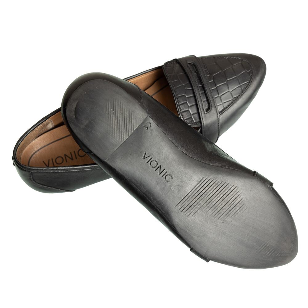 Women's Black Leather Croc Embossed Vionic Savannah Slip-On Flat Shoes - Size 9 - Picture 6 of 12